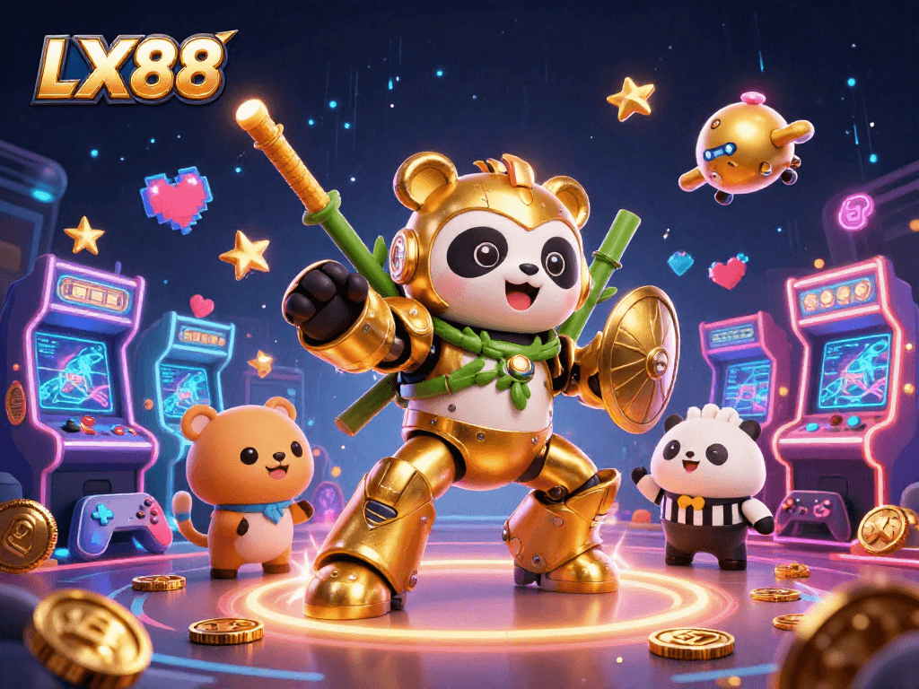 Experience the thrilling gameplay at LX88 with a vibrant 3D cartoon depiction of a panda in a mech suit amidst colorful casino elements.