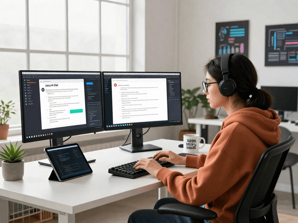 Engaging scene of a developer using juicy ai chat in a modern tech workspace, showcasing multiple monitors and vibrant office decor.