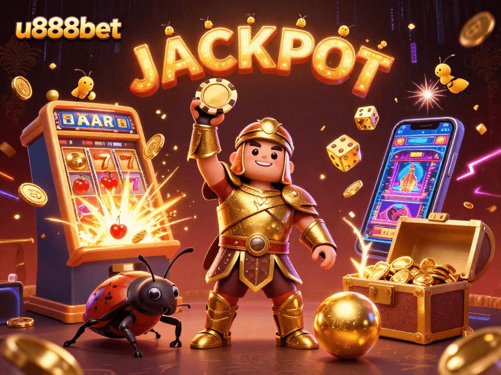 Experience the excitement at u888bet with a thrilling scene of cartoon beetles celebrating a jackpot win amidst dazzling casino elements.