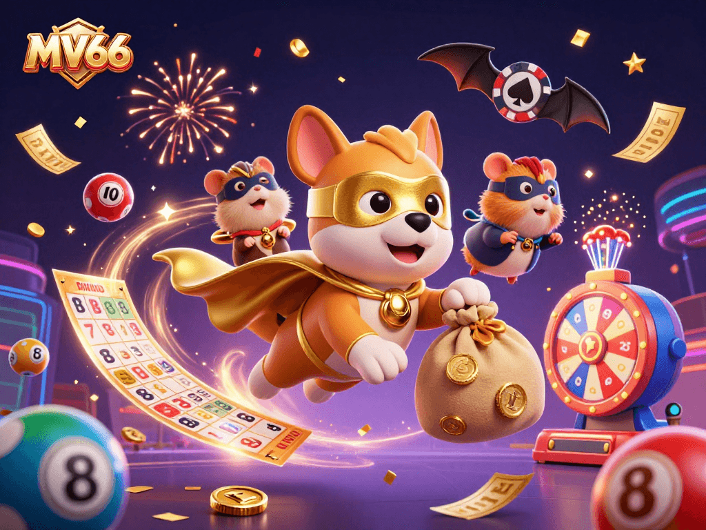 Experience the excitement of MV66 with a dynamic illustration of a superhero dog and hamster amidst gambling elements.