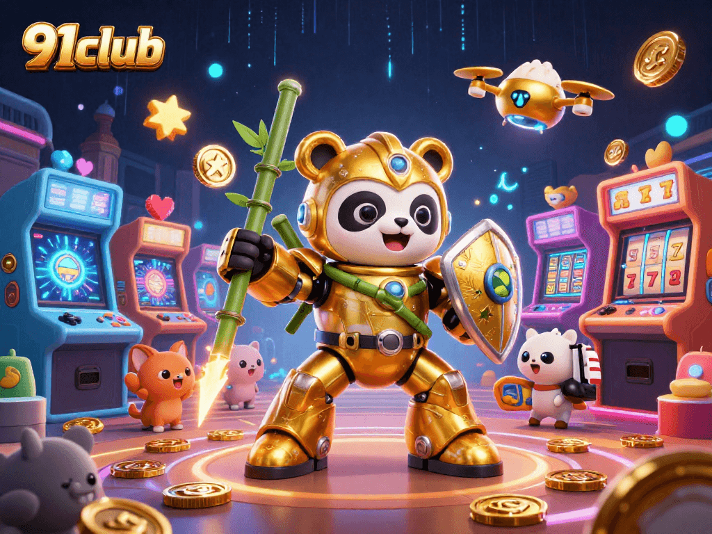 Engage with 91club’s immersive gaming experience featuring a golden panda in a dynamic casino scene.