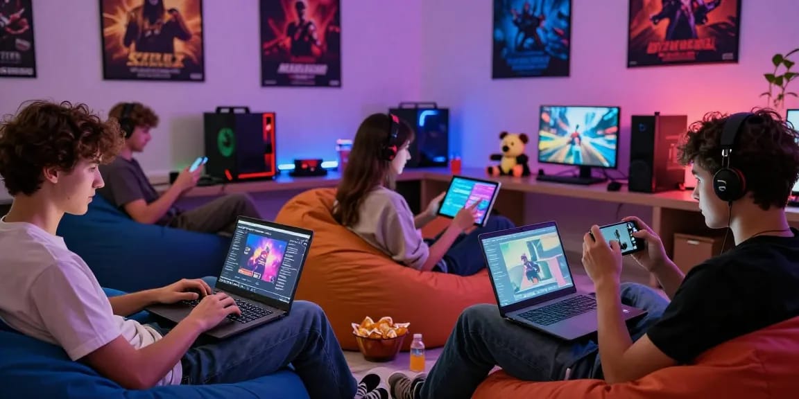 Engaging group playing online porn games on laptops and smartphones