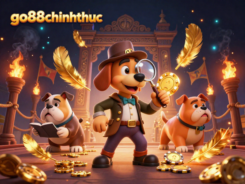 Engage with the go88chinhthuc adventure as a detective discovers poker clues amidst swirling golden elements.