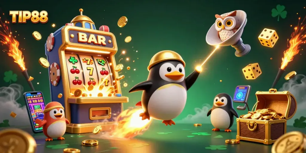 Experience the excitement of TIP88 with a golden penguin and casino treasures in dazzling 3D.