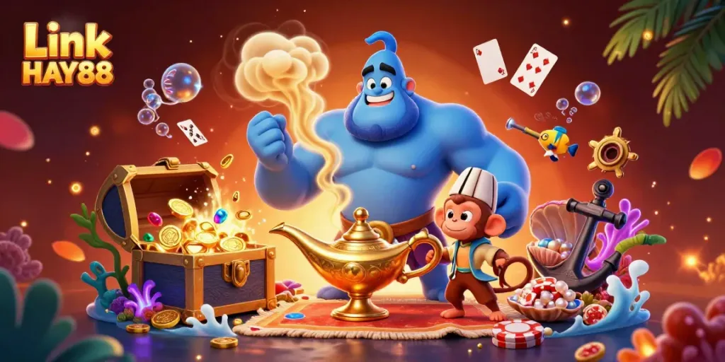 Engage with Link HAY88 in a vibrant 3D casino scene featuring a genie and poker chips.