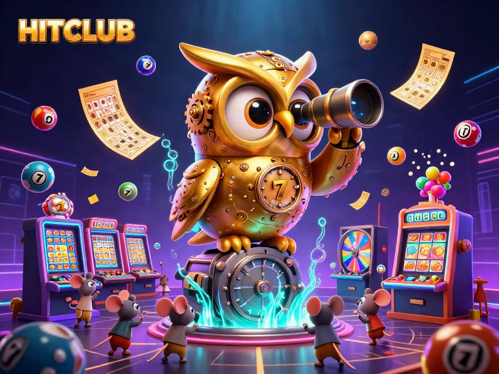 Engage with HITCLUB as a clockwork golden owl surveys a bustling casino floor, rich in vibrant colors.