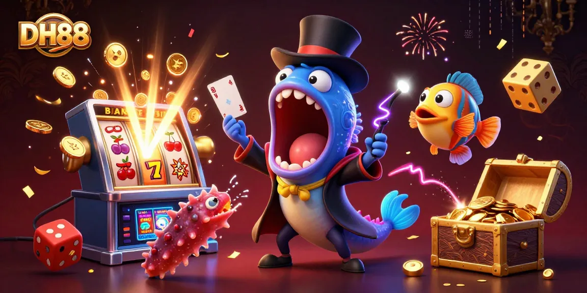 Experience the thrilling gaming atmosphere at DH88 as cartoon characters perform magic tricks around vibrant slot themes.