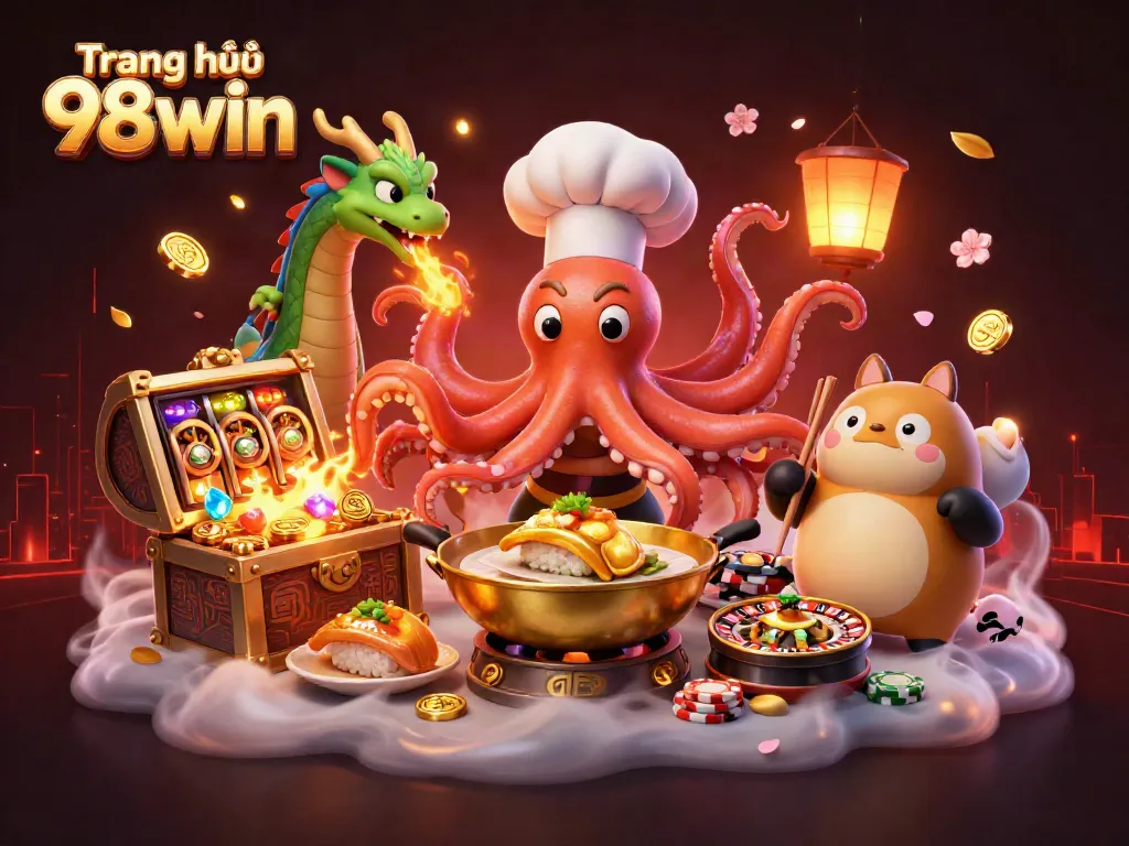 Experience the excitement of Trang chủ 98win with lively 3D characters around golden treasures and slot machines.