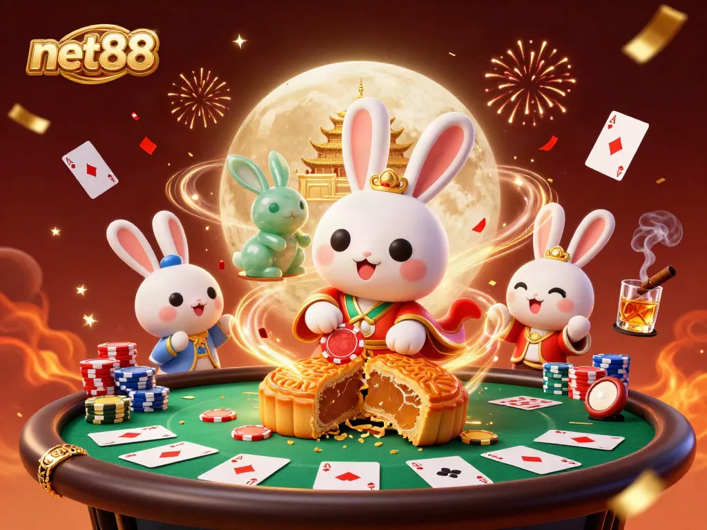 Experience thrilling poker excitement with net88 through vibrant 3D casino art featuring lively characters and festive elements.
