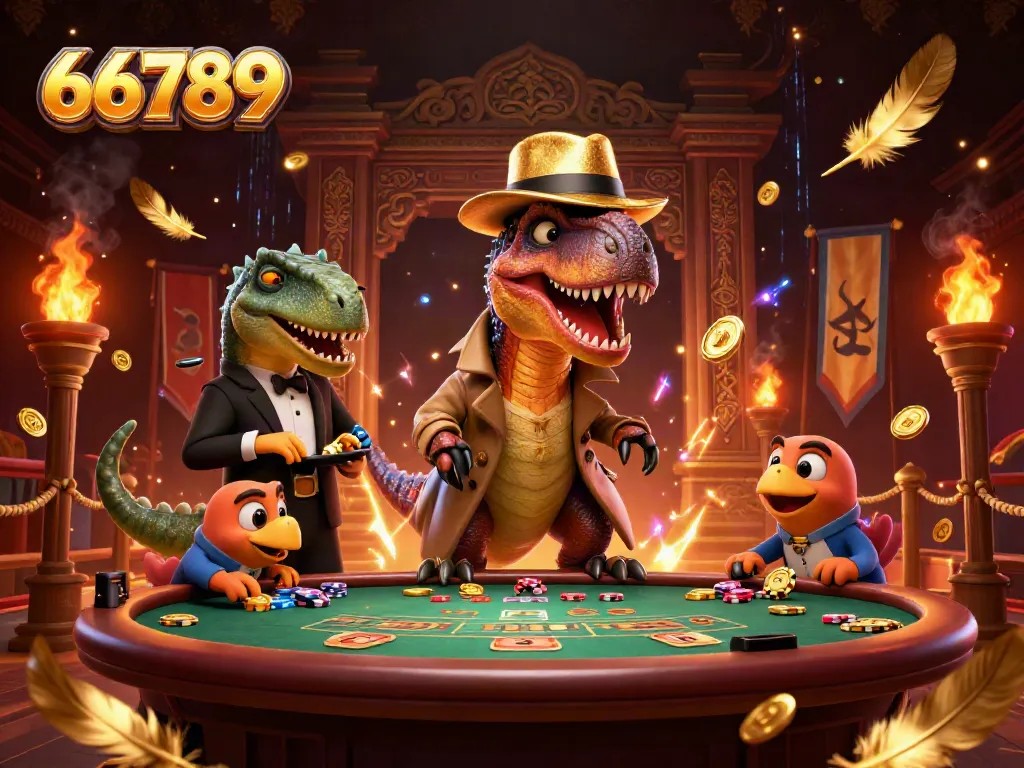 Experience thrilling action at 66789, where a velociraptor tries to win at blackjack amidst a vibrant casino.