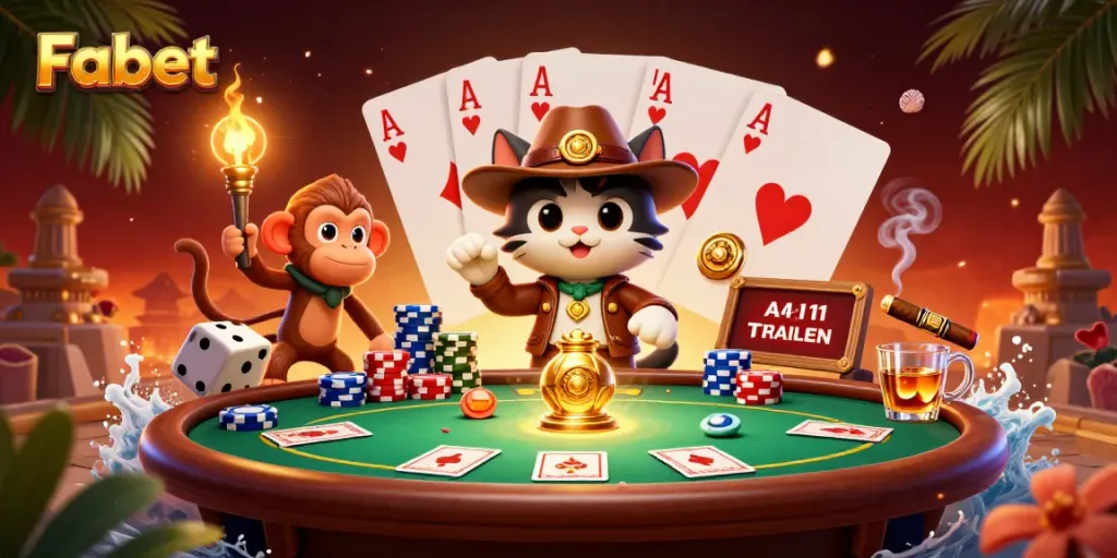 Fabet showcases an adventurous scene with a cat archaeologist discovering a golden artifact among poker elements.