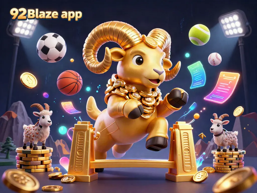 Bet on excitement with the 92Blaze app, featuring vibrant 3D visuals of gaming elements.