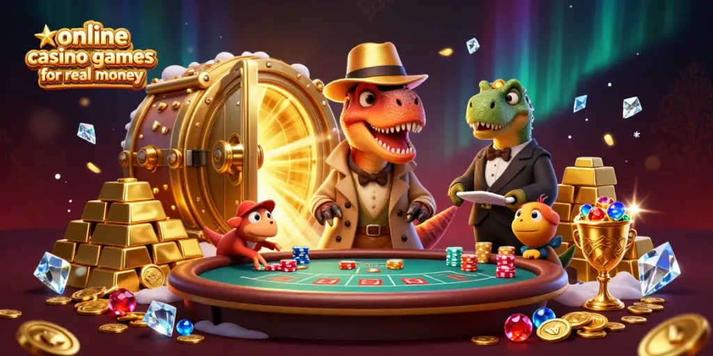 Experience thrilling online casino games for real money with a velociraptor card counter at a blackjack table.