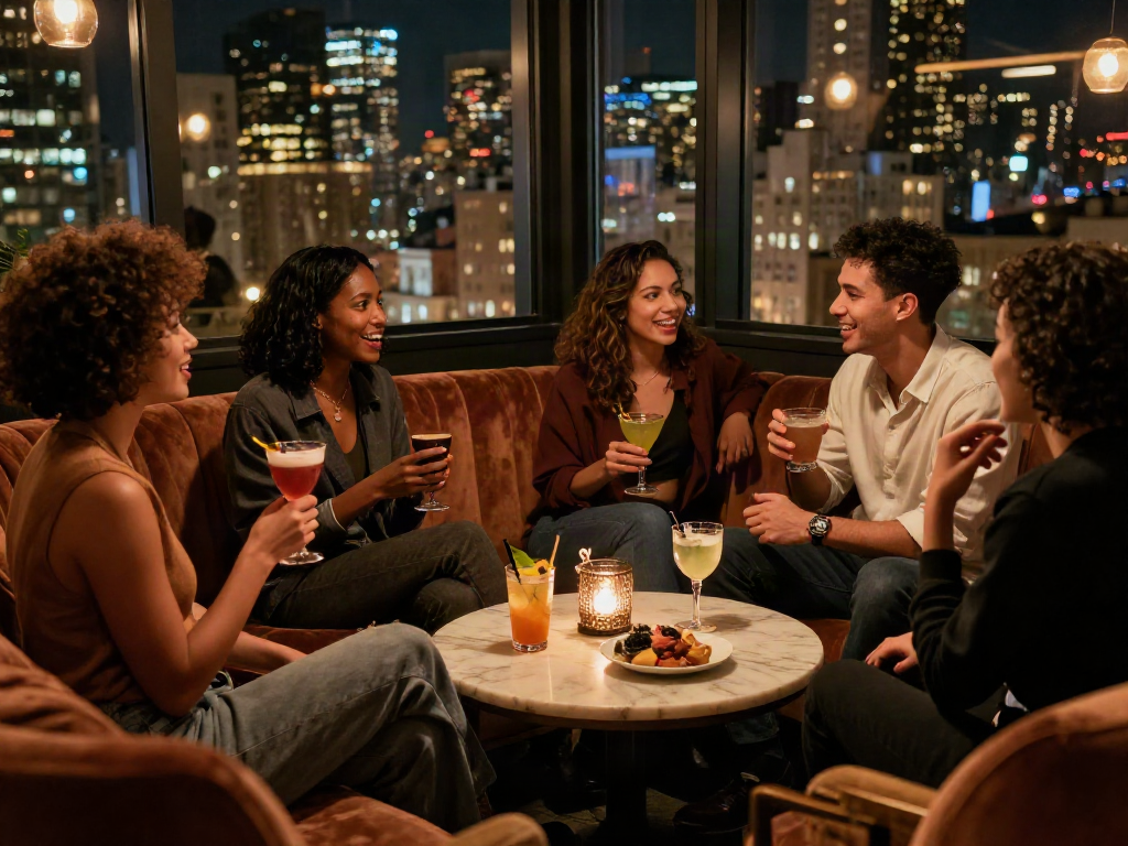 Social scene illustrating lively sex chat conversations in a vibrant urban lounge.