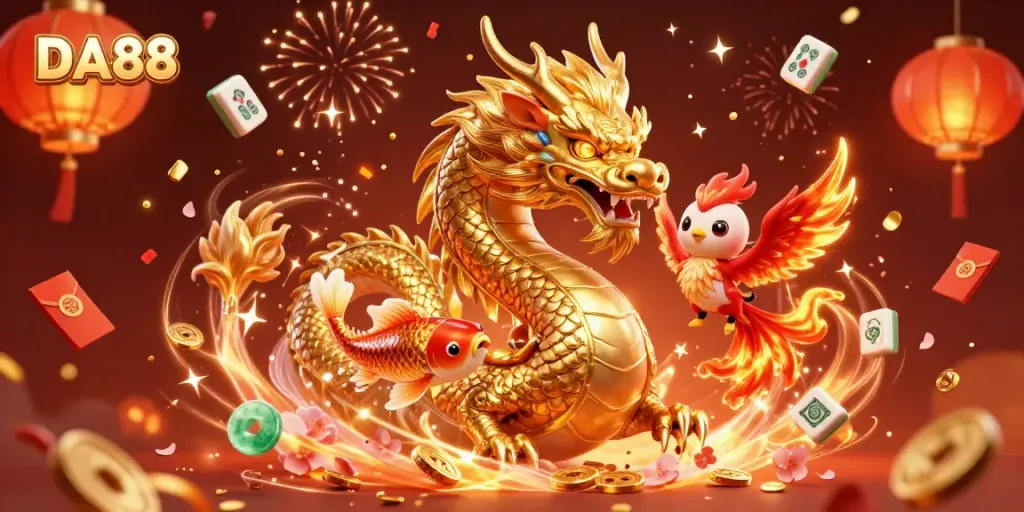 Experience thrilling gaming with DA88's rich, vibrant casino world featuring a dragon and phoenix.