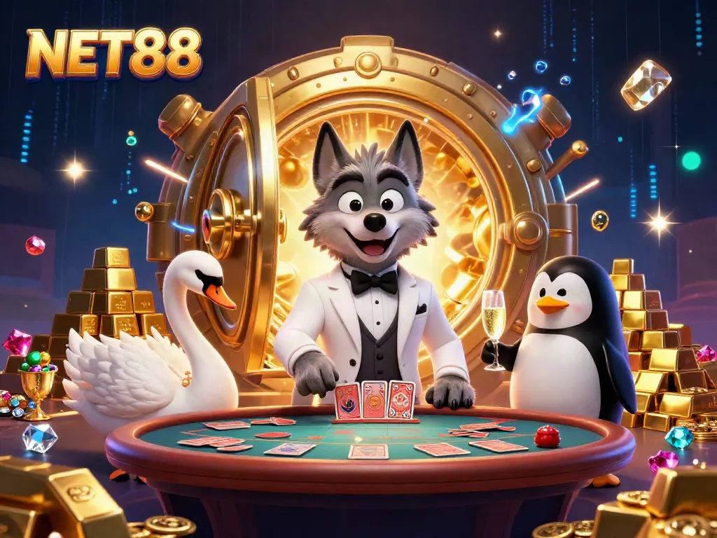 Experience the vibrant NET88 casino scene of a debonair wolf, elegant swan, and penguin sommelier presenting luck and luxury.