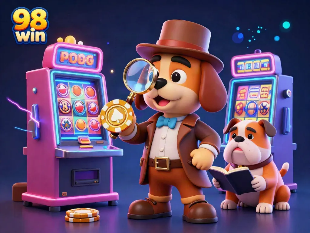 Join the excitement at 98 win, where a detective discovers golden poker chips among vibrant slot machines.