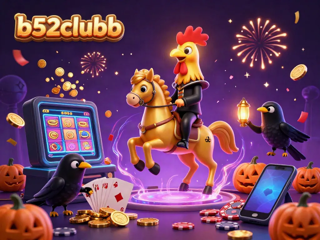 Engage with b52clubb in an exciting midnight casino scene, featuring a golden rooster riding a spectral horse.