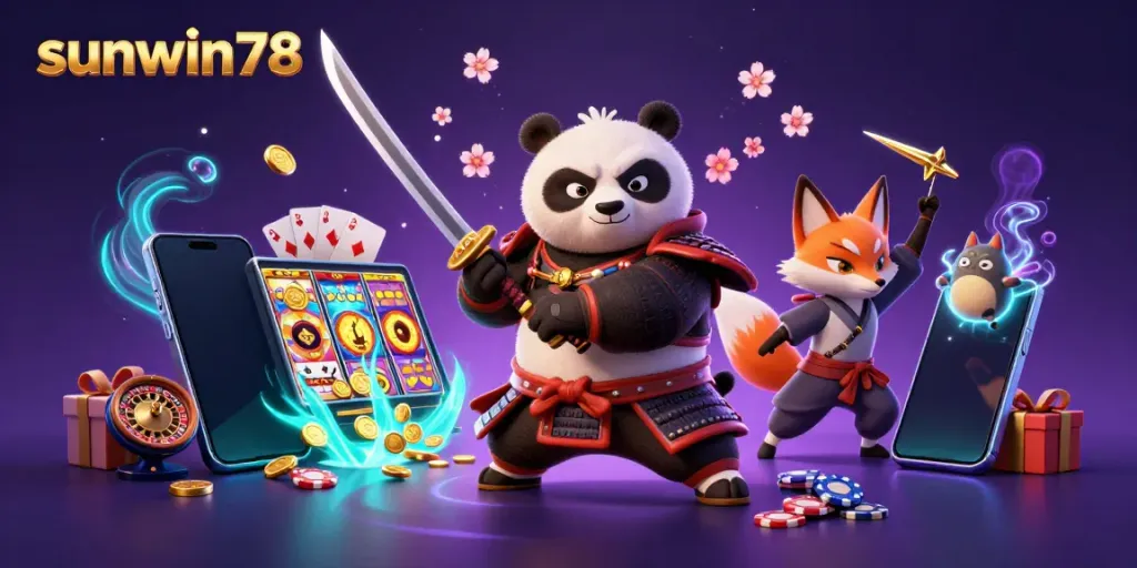 Bets soar with sunwin78 as a fierce panda samurai, a ninja fox, and a magical tanuki bring excitement to a vibrant casino scene.