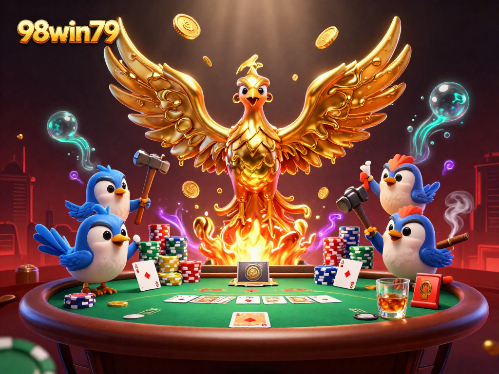 Experience the thrill of winning with 98win79, featuring a dynamic casino scene with gold coins and poker elements.