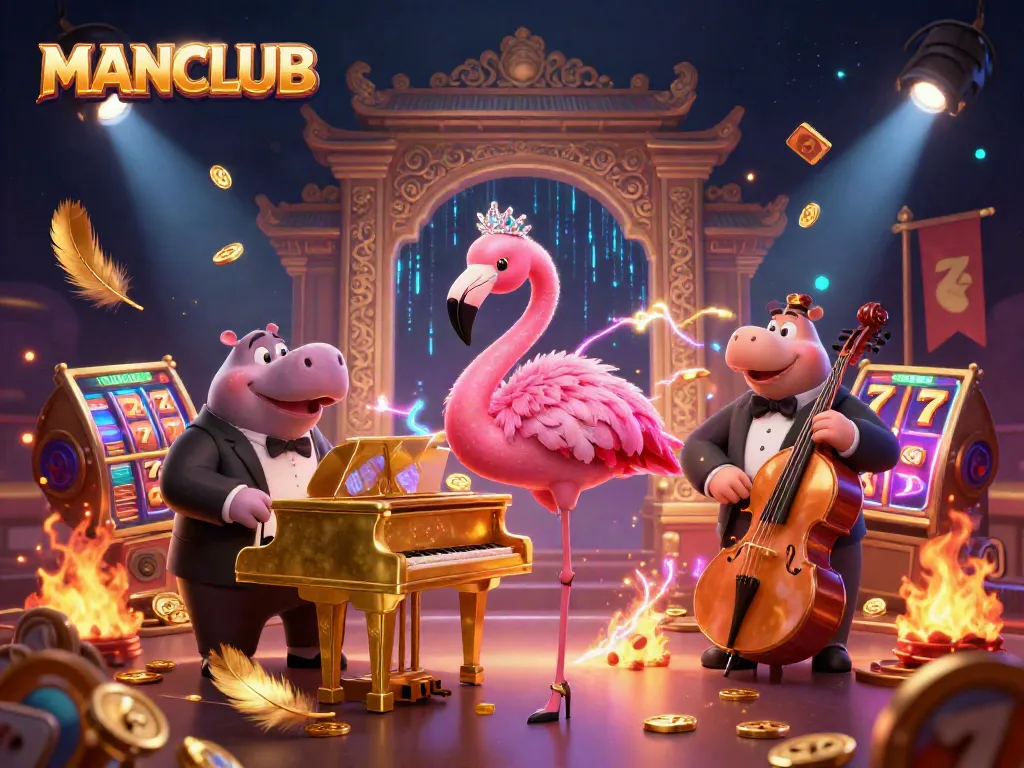 Experience high-stakes gaming with MANCLUB in a vibrant casino illustration featuring lively characters and dynamic gaming elements.