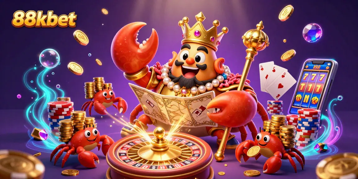Experience the excitement of 88kbet with an illustration of a golden crab emperor amidst casino elements.