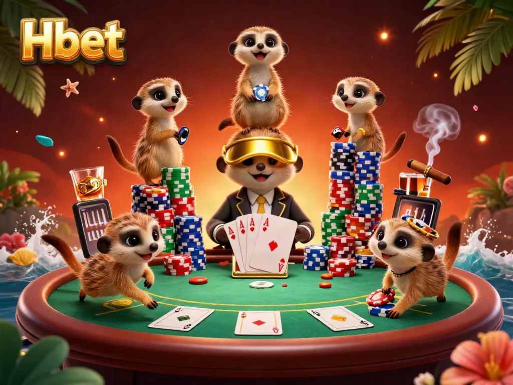 Experience the thrilling casino environment of Hbet featuring playful meerkats managing games.