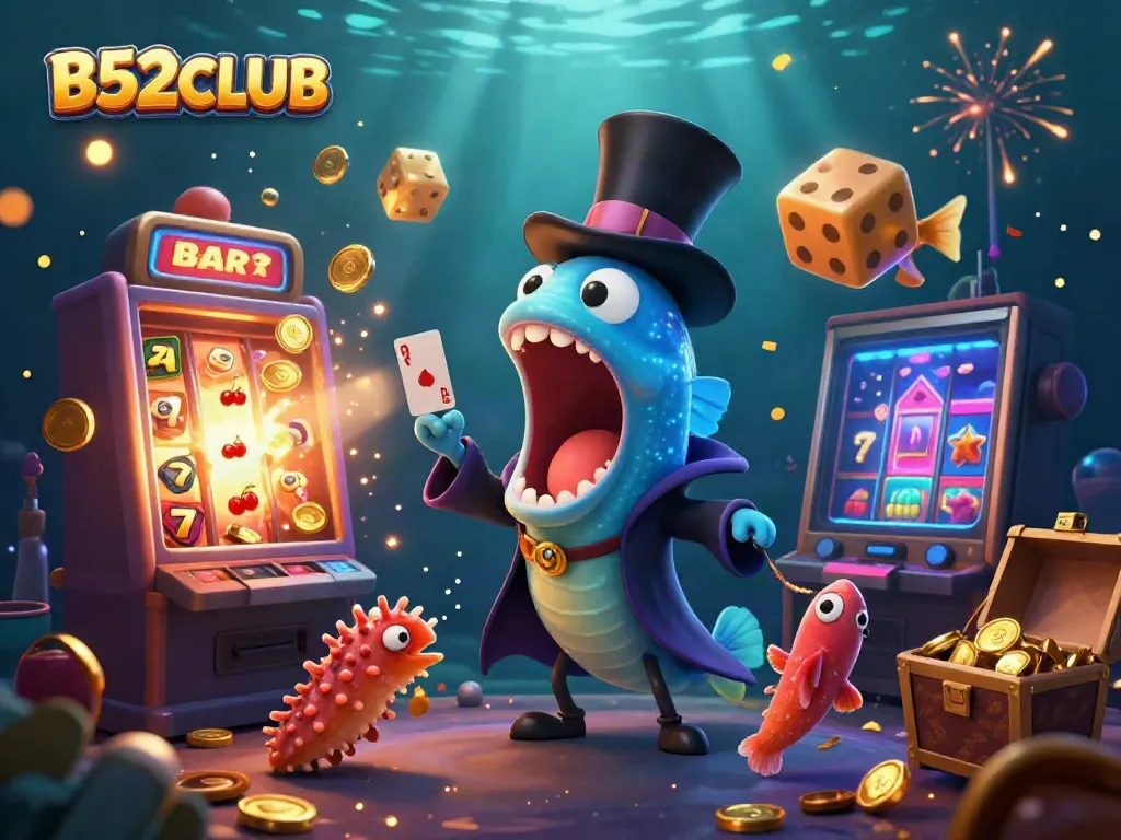 B52CLUB showcases a vibrant underwater scene with a gulper eel, anglerfish, and sea cucumber performing a magical casino act amidst exciting gaming elements.