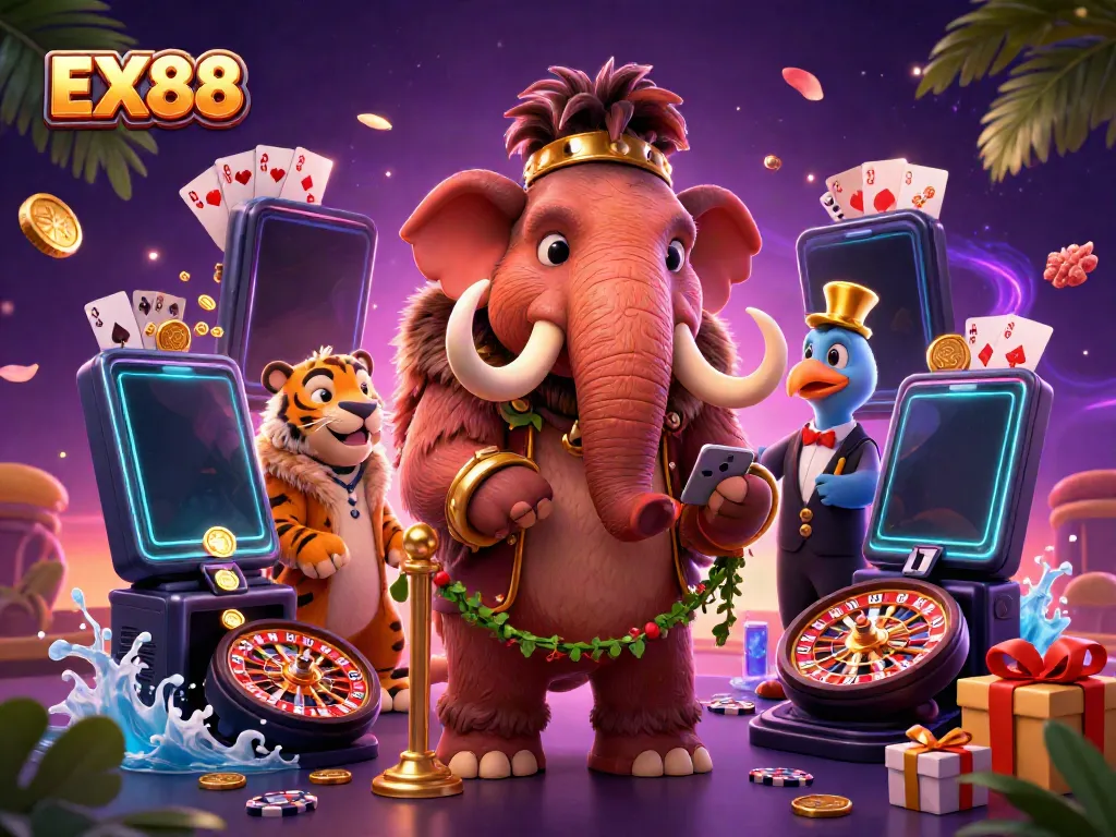 Engage with EX88 at this lively casino scene featuring a woolly mammoth bouncer and a saber-tooth tiger.