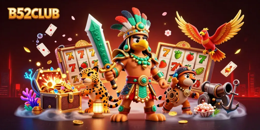 B52CLUB features a vibrant gaming scene with an Aztec warrior amidst slot reels and gold coins.