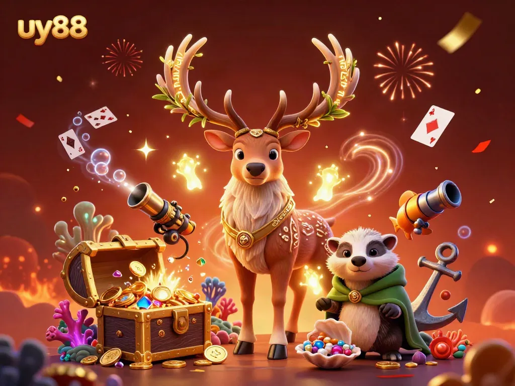 Experience the excitement at uy88 casino with a captivating 3D illustration showcasing vibrant characters and treasure-filled elements.