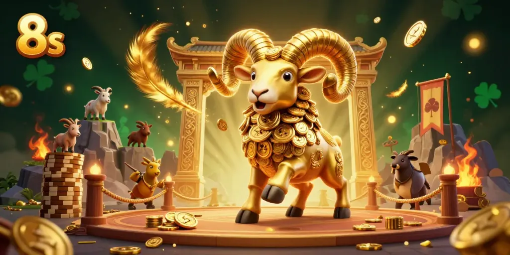 Win big with 8s as the golden ram charges through a dynamic gambling arena.