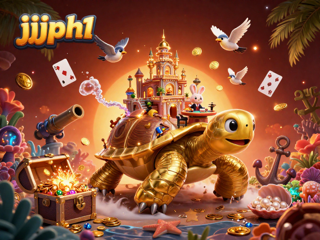 Naglalaro ng mga laro ang jjjph1 sa isang detalyadong ilustrasyon ng 3D casino na may gintong pagong.