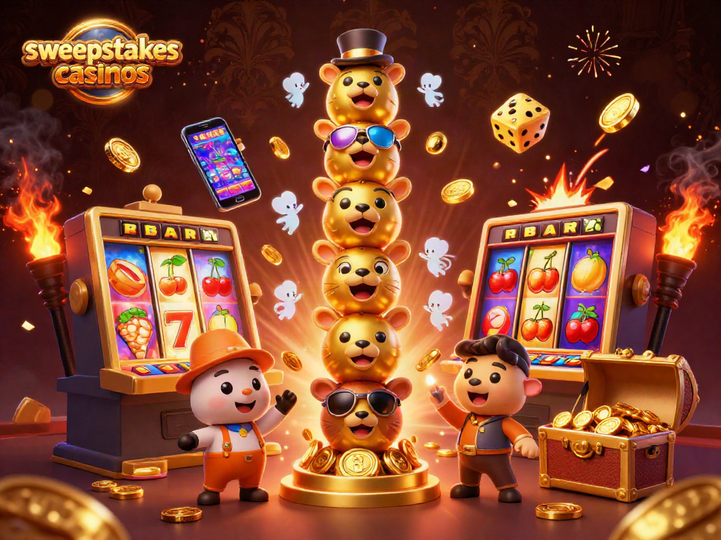 Experience exciting gameplay at sweepstakes casinos with vibrant characters and slot machines bursting with rewards.