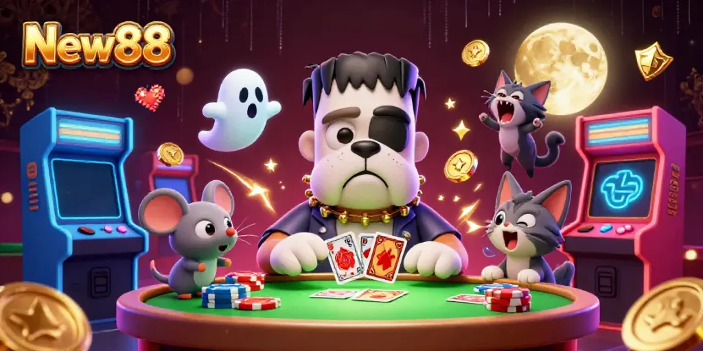 Experience thrilling New88 gaming with an illustrated 3D dog dealer and casino elements.