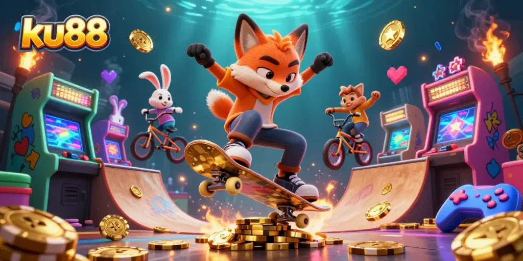 Engage with ku88’s dynamic casino experience through a vibrant skateboarding fox and BMX rabbit.