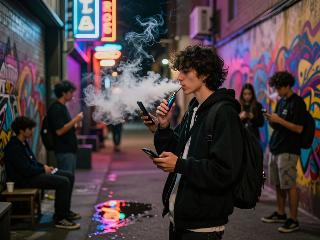 The vibrant urban scene of a person enjoying raz vape in a neon-lit alley.