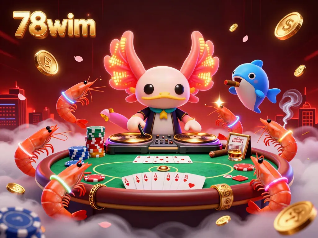 Experience the vibrant 78wim online casino scene with a neon DJ, poker chips, and lively sea creature dancers.