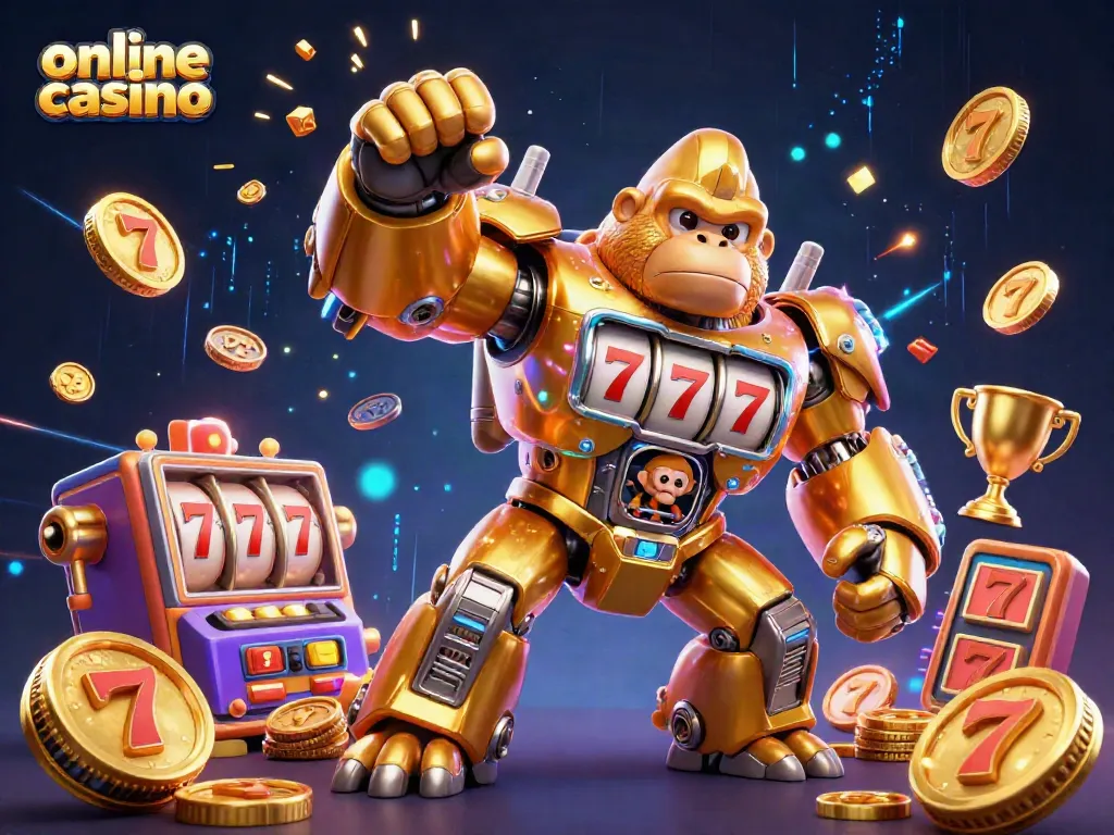 Experience excitement at this online casino with a golden gorilla mech smashing through slot machines!