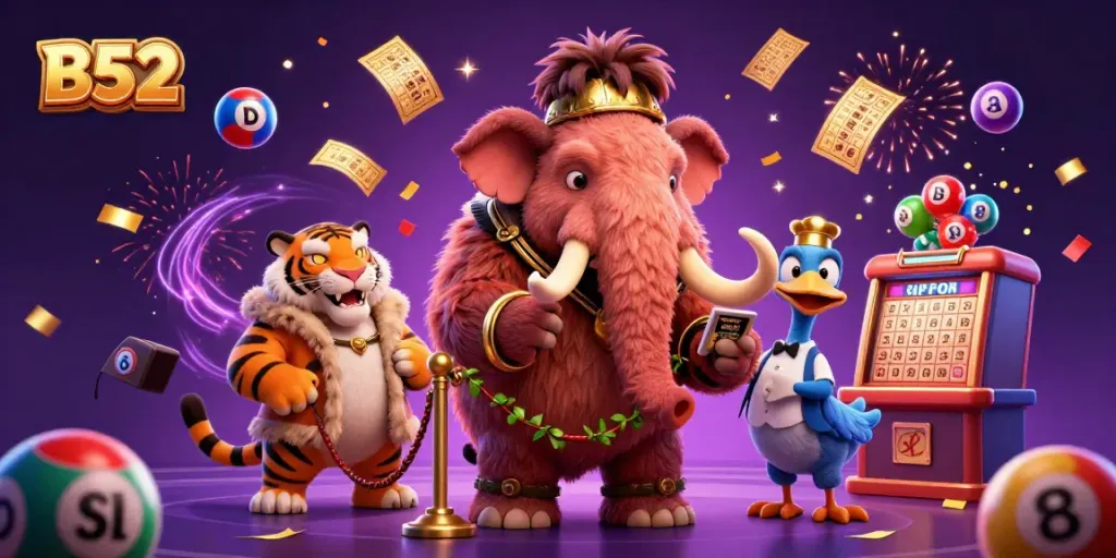 B52 online casino scene with a woolly mammoth, saber-tooth tiger, and dodo bird welcoming guests with vibrant lottery elements.