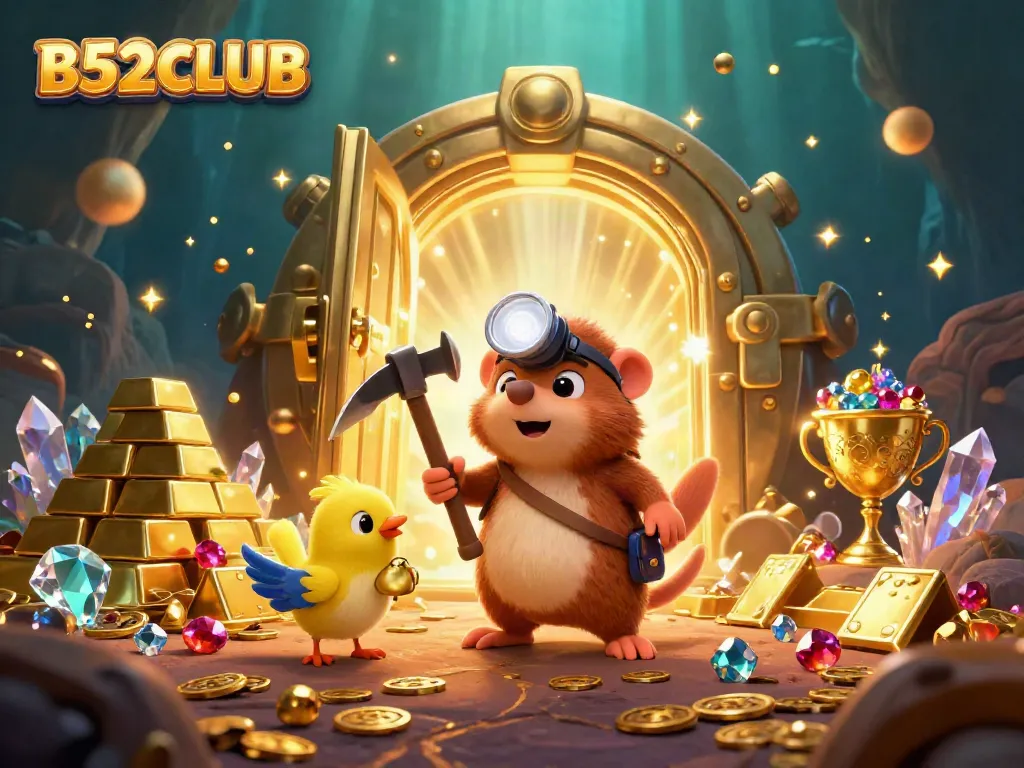 Experience the excitement of B52CLUB with treasure hunting characters amid a spectacular casino setting.