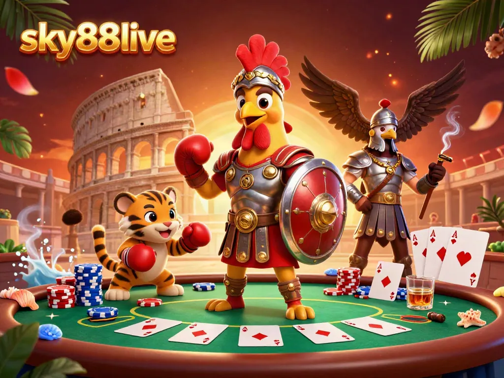 Engage in winning strategies at sky88live with a vibrant casino scene featuring characters and game elements.