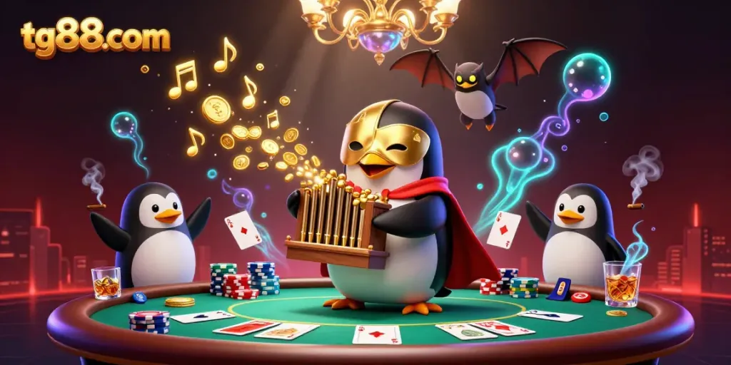 Engage with tg88com's vibrant casino scene featuring a phantom penguin and dynamic poker elements.