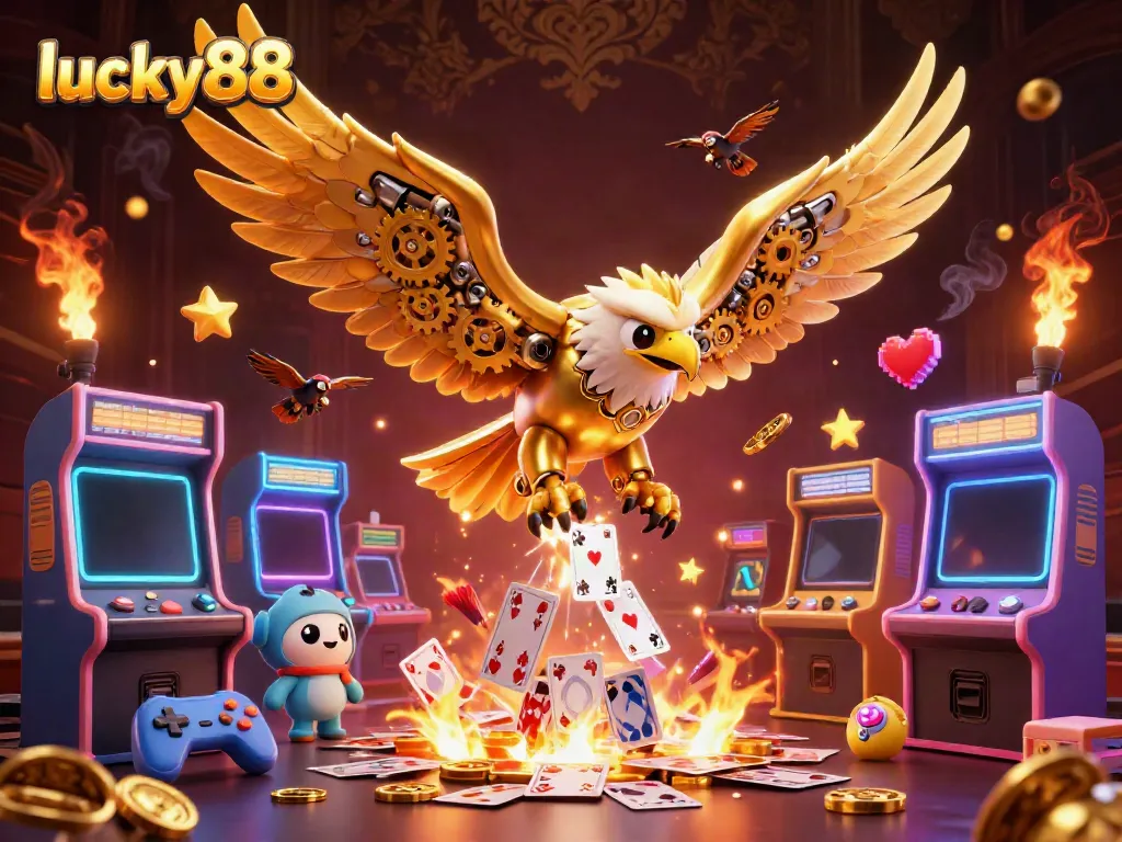 Experience dynamic gameplay in lucky88 with golden eagle diving through holographic cards.