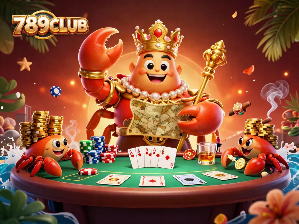 Experience 789CLUB's lively gaming atmosphere with a regal crab emperor overseeing a vibrant poker scene.