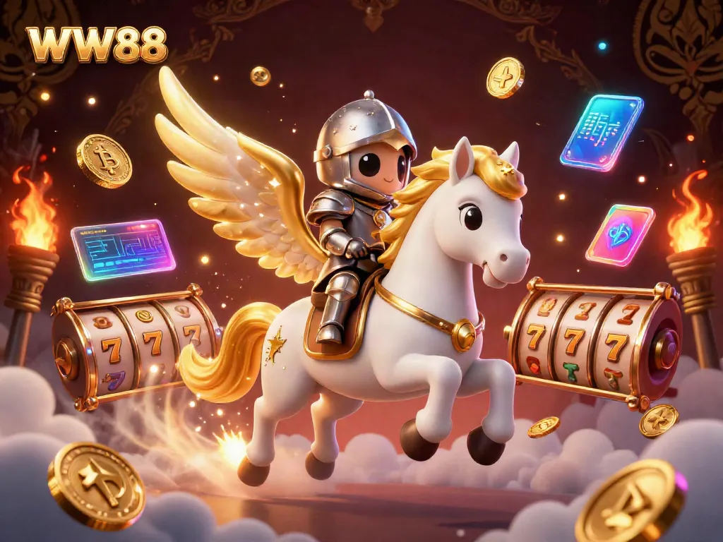 Experience the vibrant excitement of WW88 with an action-packed casino scene featuring thrilling slot games and golden characters.