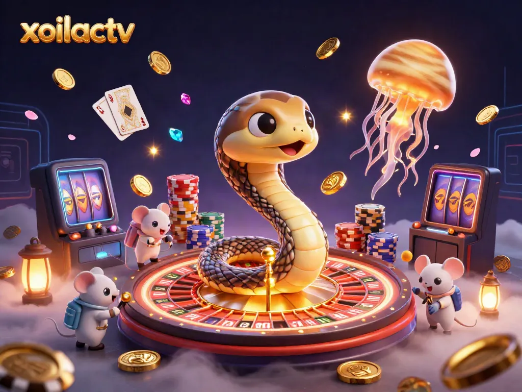 Immerse in a vibrant gambling scene featuring xoilactv with a cosmic dealer and astronaut mice in action.