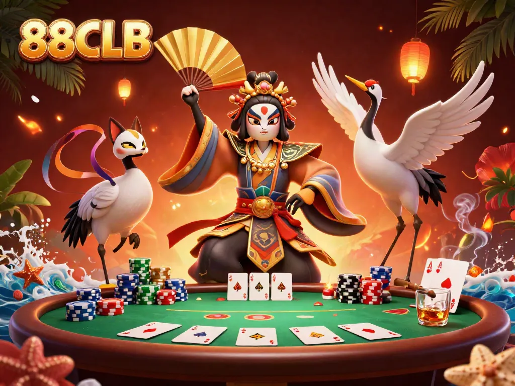 Experience the thrills at 88CLB with vibrant casino elements and dynamic characters in a luxurious setting.