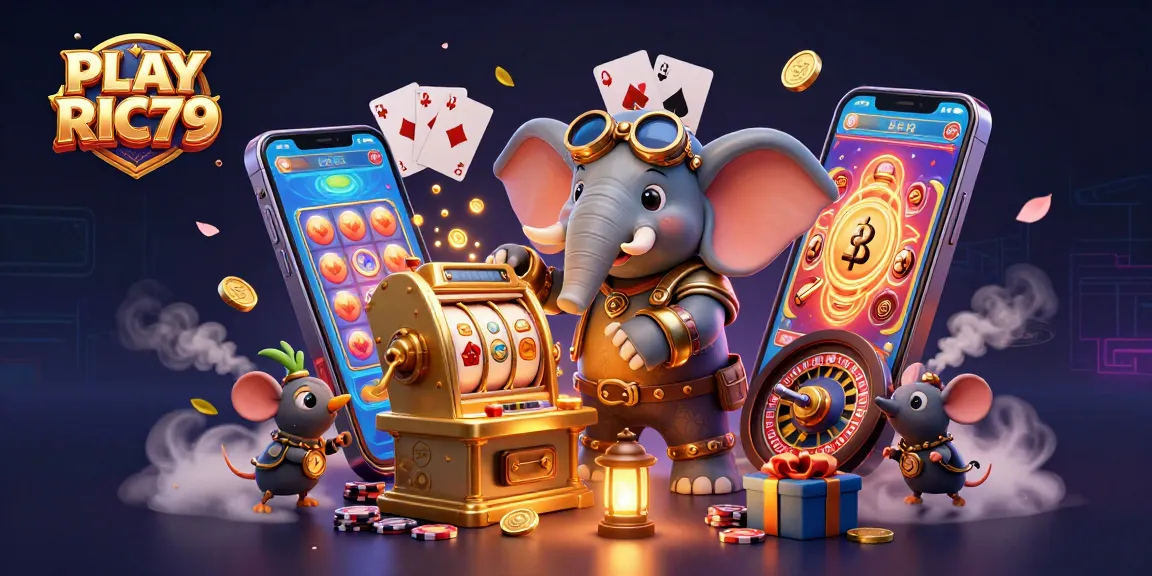 PLAY RIC79 at a steampunk casino with an elephant engineer, vibrant slot game elements, and dynamic action.
