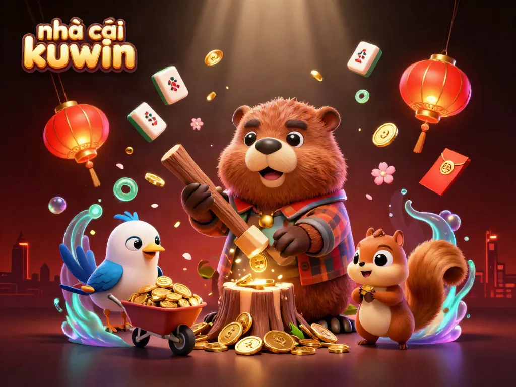 Engaging scene showcasing nhà cái kuwin with a beaver collecting golden coins, highlighting casino-themed elements.